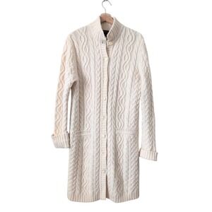 Jones New York Cream Wool Angora Cable Knit Long Fisherman Cardigan Sweater L